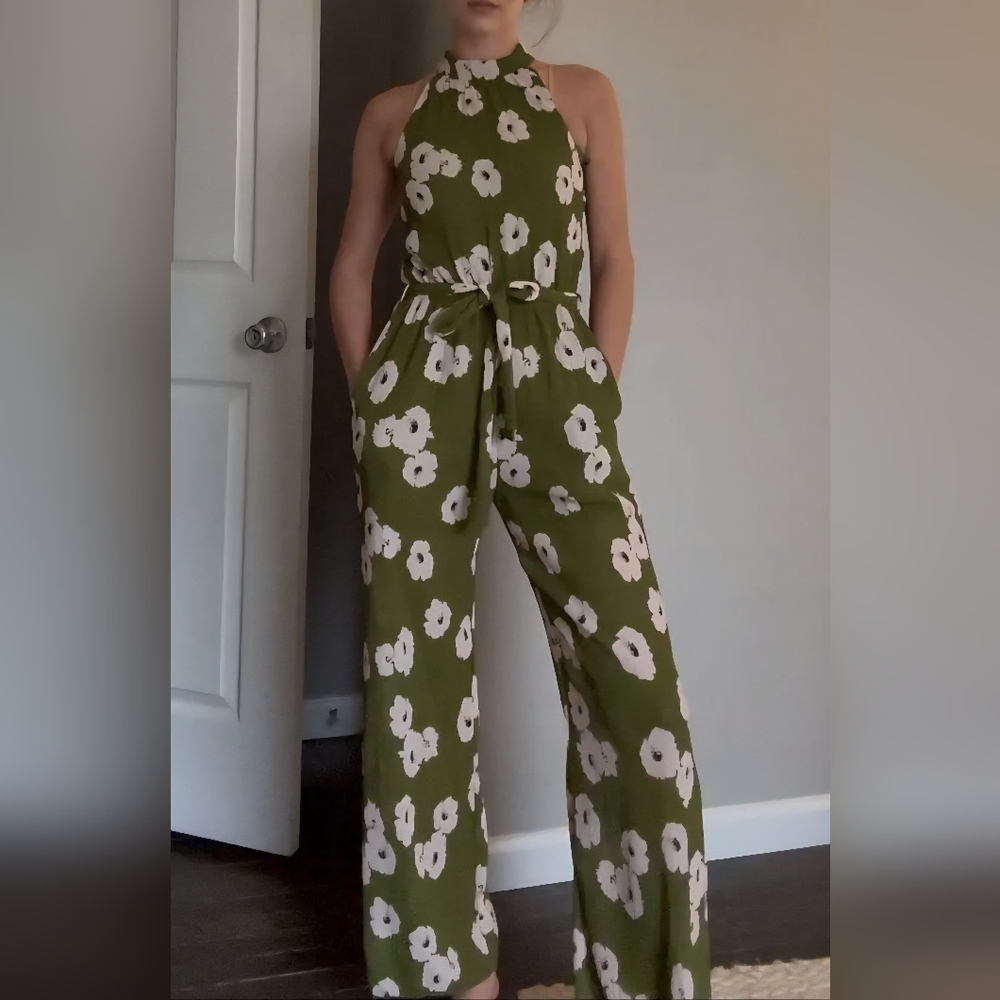 Olive Floral Halter Jumpsuit with Tie Waist